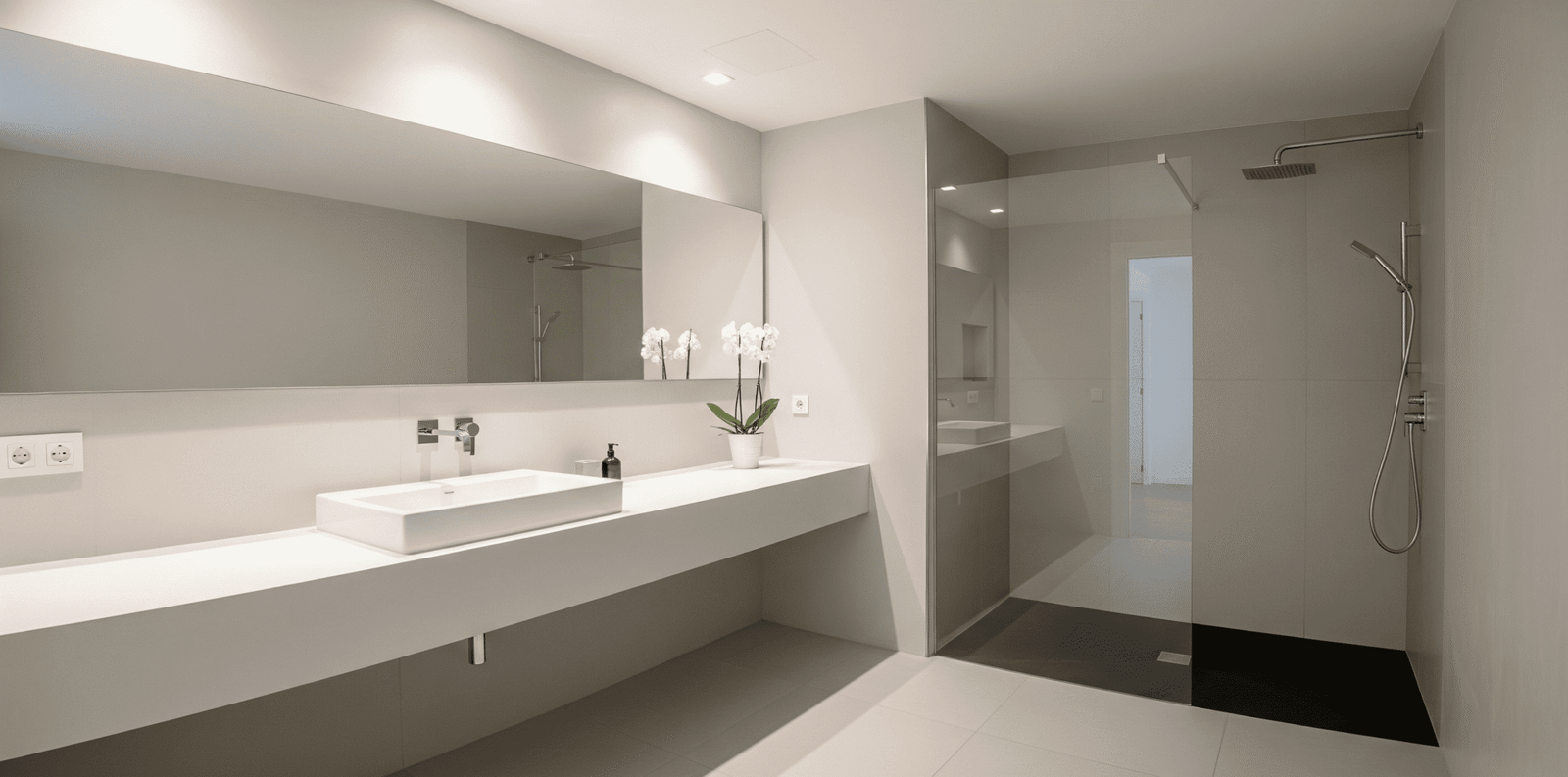 Un baño de diseño moderno en una reforma de baños en Fuenlabrada, destacando una ducha a ras de suelo y una iluminación integrada.