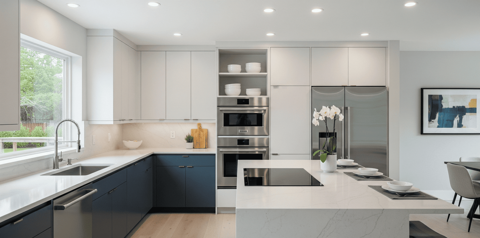 Cocina moderna reformada en una reforma de cocinas en Fuenlabrada, con módulos azules y una isla con encimera de cuarzo.