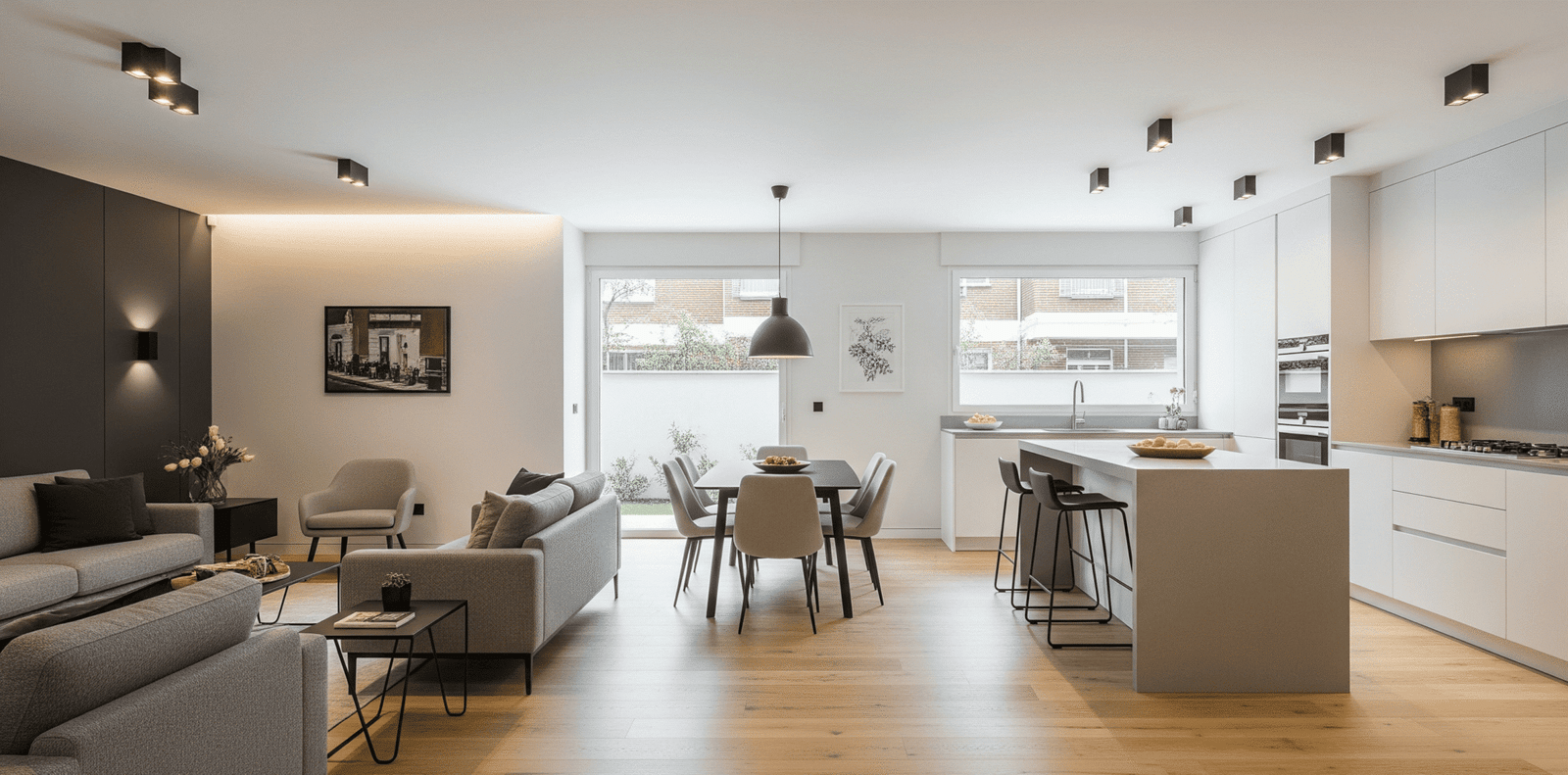 Un salón con cocina abierta en una reforma integral en Fuenlabrada, destacando un diseño moderno y espacios luminosos.
