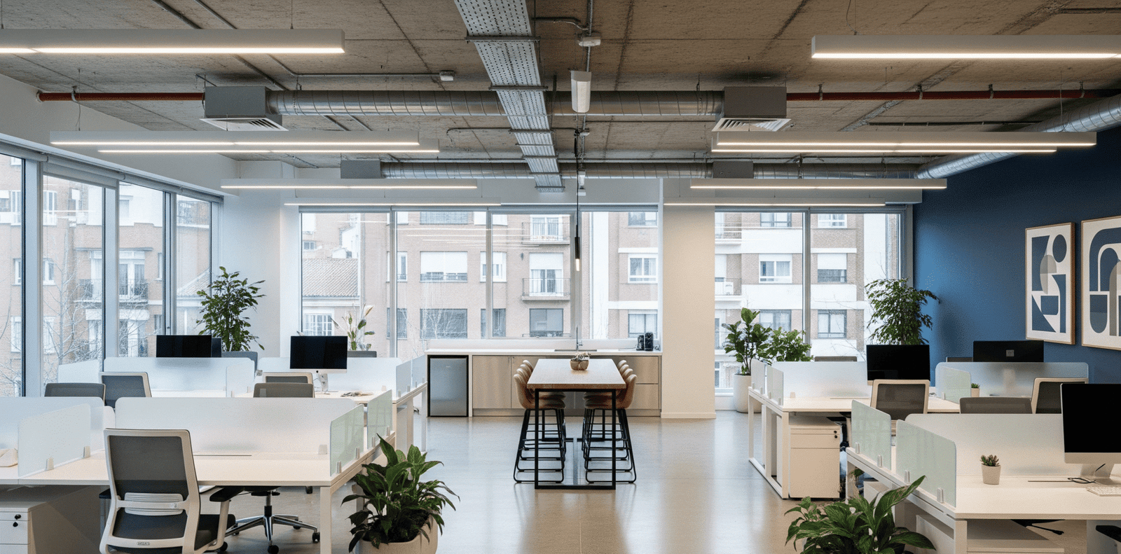 Oficina de coworking moderna en una reforma de local comercial en Fuenlabrada, destacando los espacios luminosos y el mobiliario ergonómico.