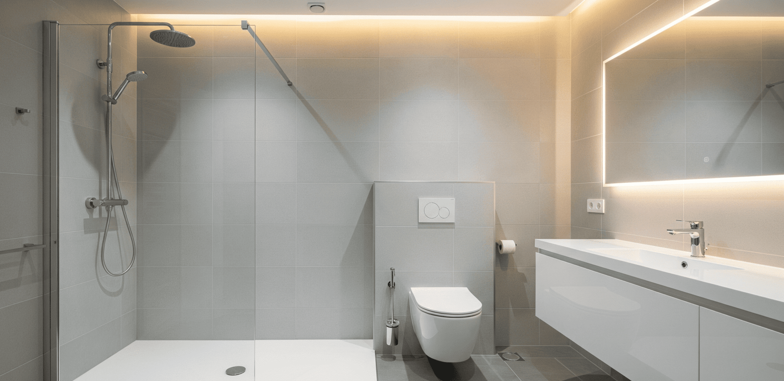 Baño moderno tras un cambio de bañera por plato de ducha en Madrid, destacando el plato a ras de suelo y el espejo con iluminación LED.