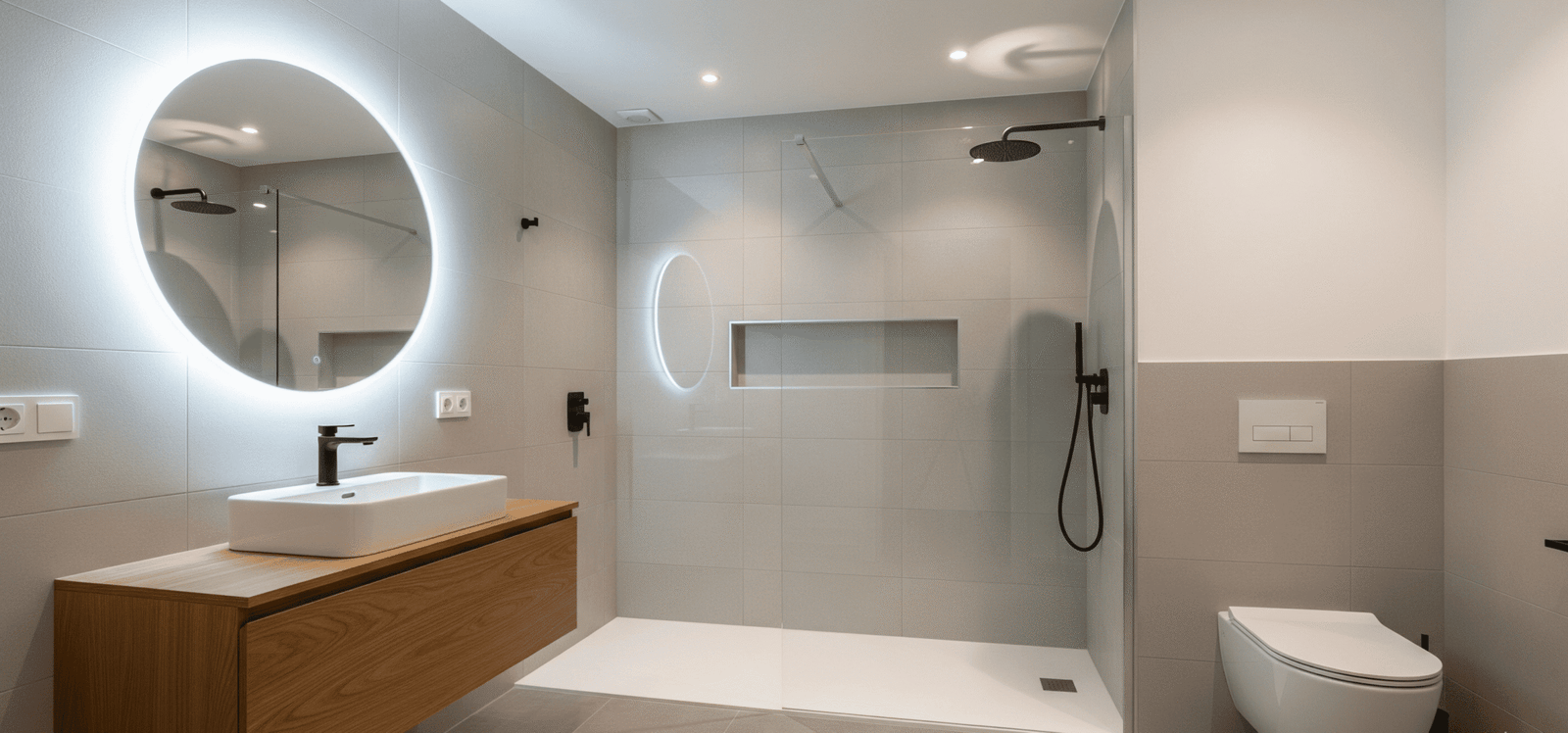 Baño moderno tras una reforma de baño en Alcalá de Henares, destacando el espejo redondo con luz LED y la grifería en negro mate.