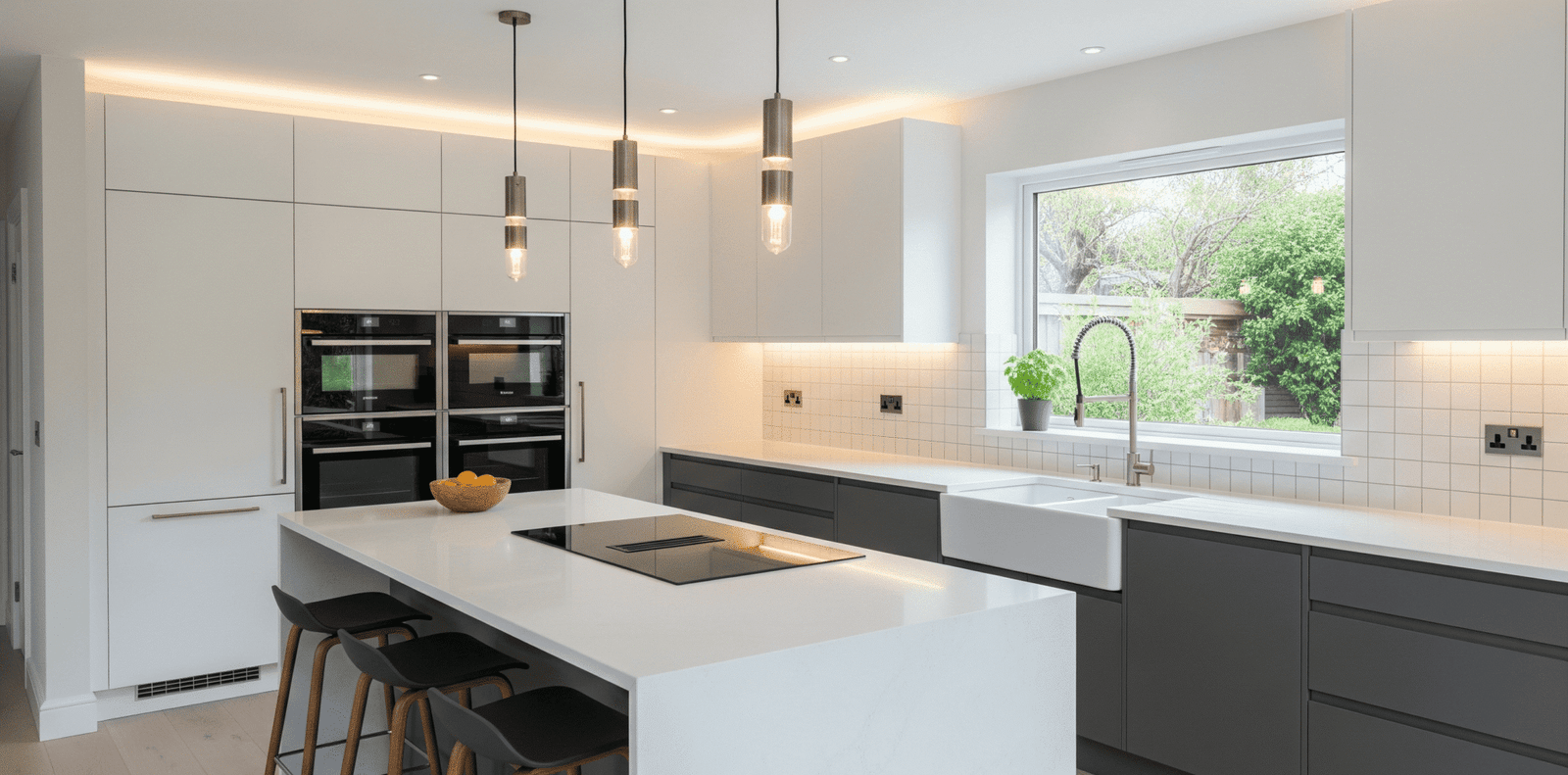 Cocina moderna con isla central en una reforma de cocinas en Leganés, destacando armarios blancos y electrodomésticos integrados.