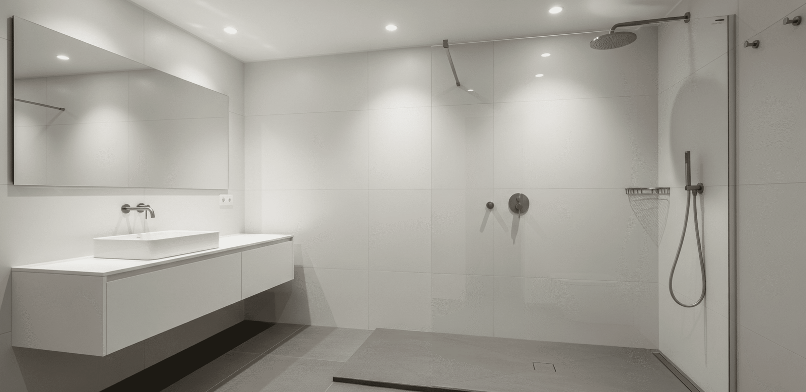 Espacio de un baño moderno con reforma de baño en Getafe, destacando el cambio de bañera por un amplio plato de ducha y acabados de diseño contemporáneo.