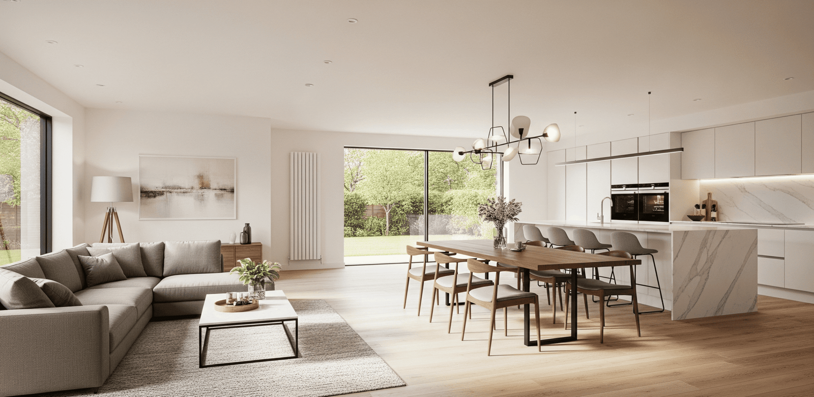 Un salón comedor moderno y completamente renovado en una reforma integral en Getafe, destacando la cocina de isla y el comedor de madera.