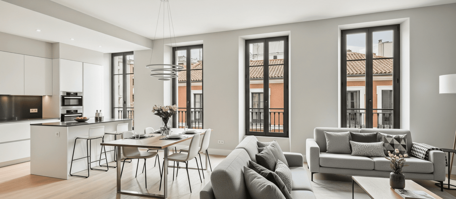 Salón comedor de concepto abierto en una reforma integral en Madrid, destacando su diseño moderno y acabados de alta calidad.