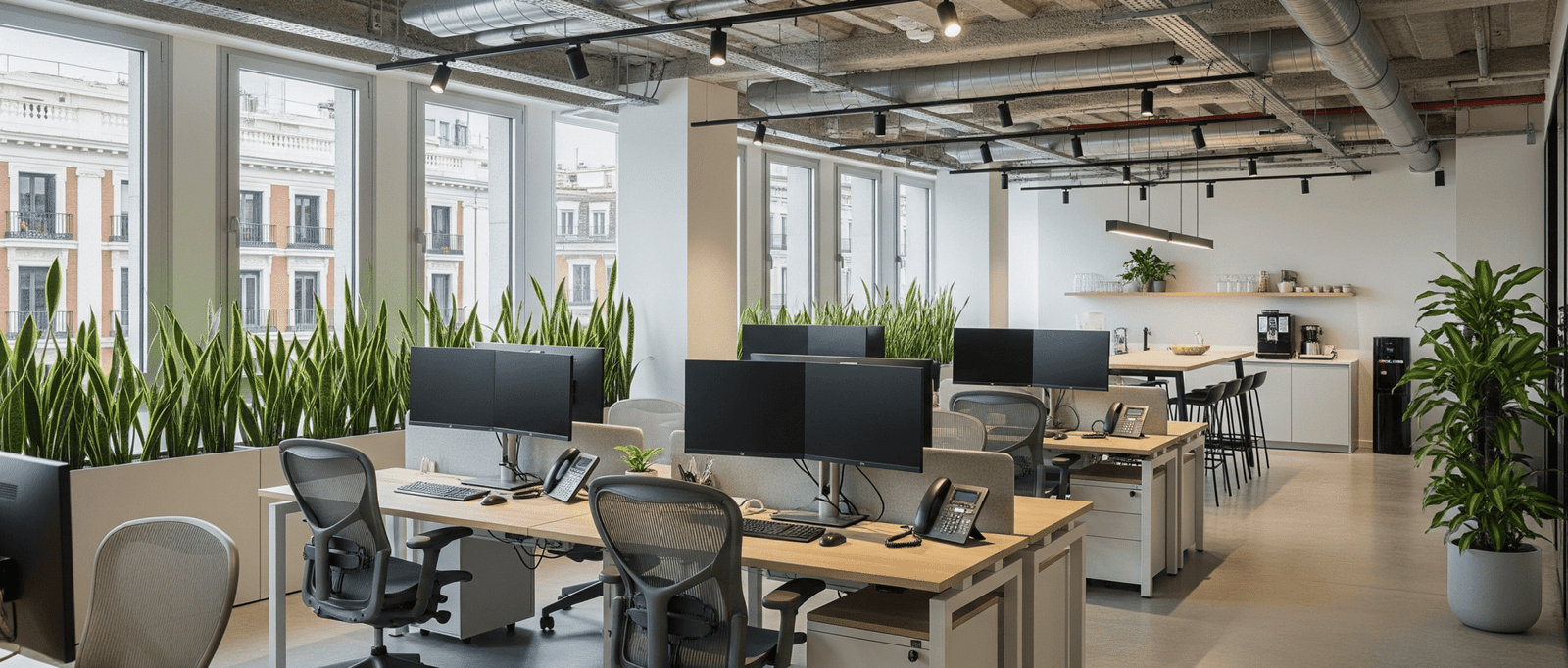 Espacio de trabajo de planta abierta en una reforma de oficinas en Madrid, destacando el diseño industrial con techos expuestos y la abundante vegetación.